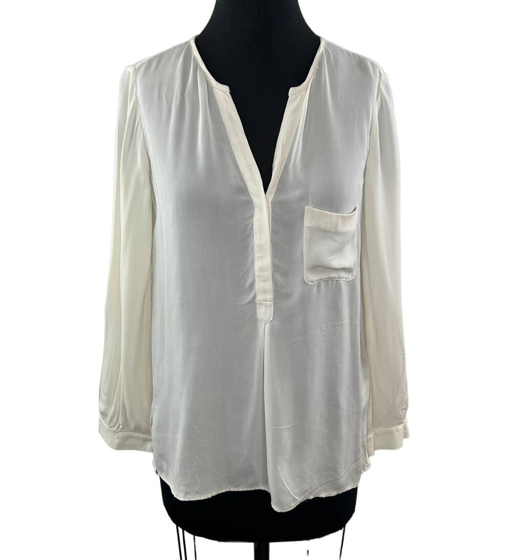 JOIE Ivory Silk V-Neck Popover Tunic Blouse Long Sleeve Semi-Sheer Pocket XS